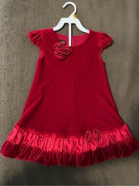Isobella & Chloe Red Velvet Dress with Satin Ruffle Trim
